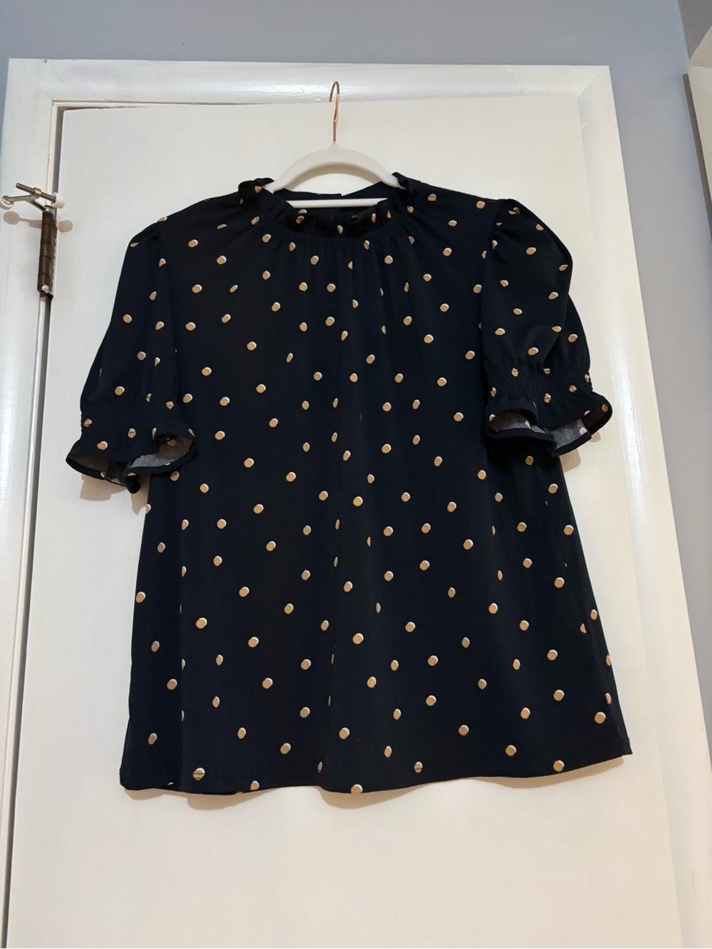 Adrianna Papell Navy Blouse with Tan Polka Dots